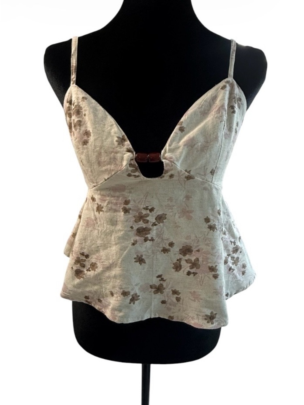 Sim And Sam NWT Cream Brown Floral Camisole Top Front Tie Keyhole Size M